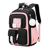 Kids Backpack for Girls School Bags for Middle School Students Book Bag for Elementary Primary Kawaii Ita Backpack, Black and Pink