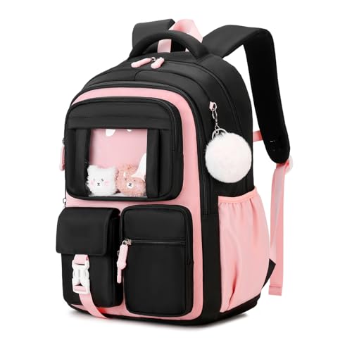 PIG PIG GIRL Kids Backpack for Girls School Bags for Middle School Students Book Bag for Elementary Primary School, Black and Pink, One Size|7 Compartments 26.36 liters