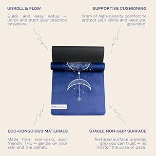 Yoga Mat With Strap 5mm Non Slip Suede & TPE - Blue Eco-Friendly Fitness & Exercise Mat for Home Gym, Pilates, Hot Yoga, and Meditation - Lightweight Durable 72 x 24 inch Workout Mat for Women, Men