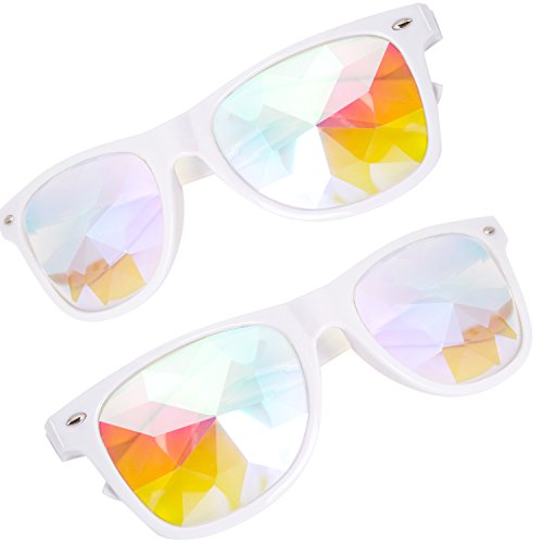 Óculos de sol Kaleidoscope – Óculos de sol com lentes de cristal difração Rainbow Rave Prism, White+