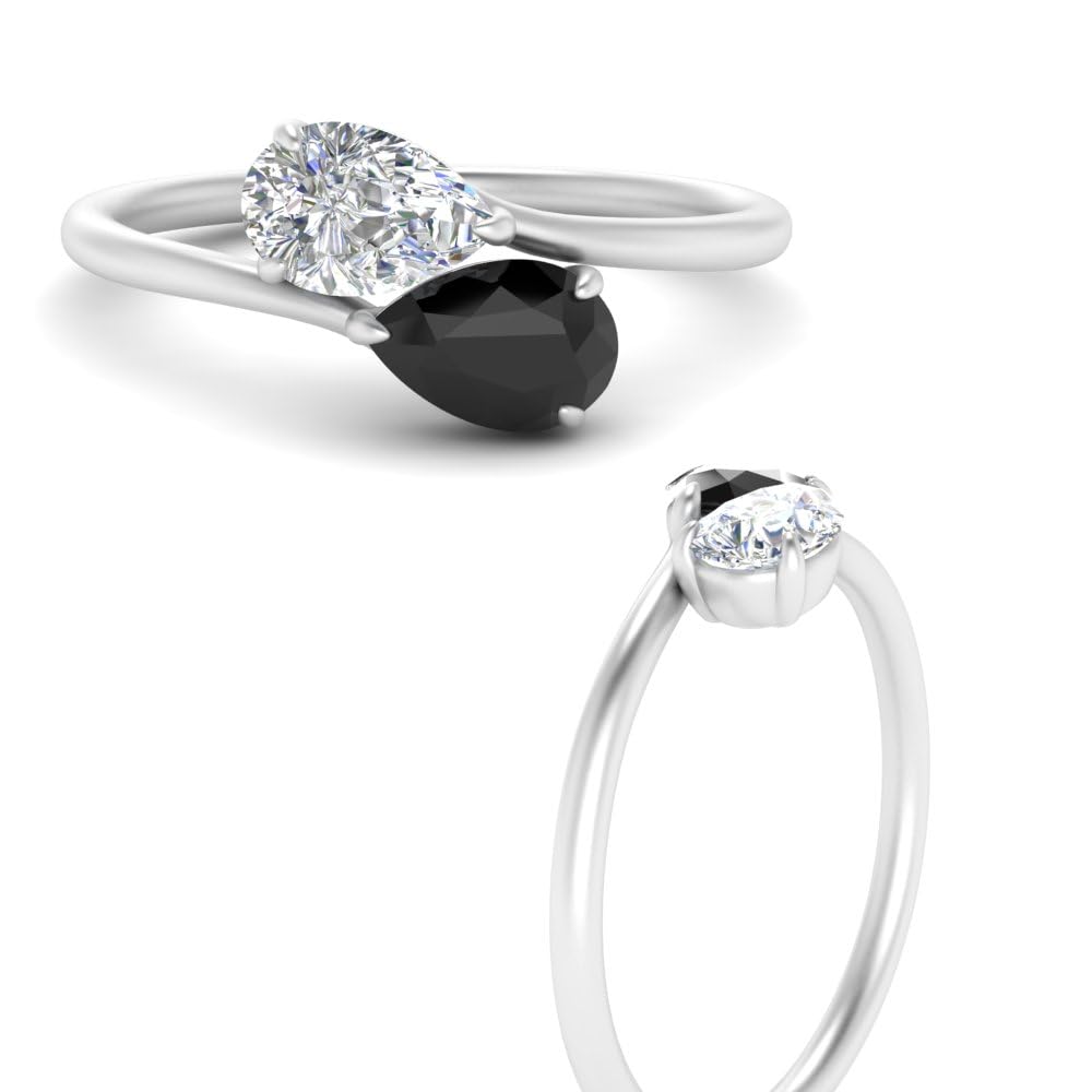 SPARK JEWEL 2.00 Ct.Pear Shape Diamond Women's Two Stone Engagement & Wedding Rings with Black Diamond in 14k White Gold Plated 925 Sterling Silver