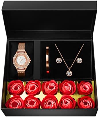Watches Sets Gifts for Women, Rose Gold Watch Set Necklace Earring Bracelet 4 Pieces Jewelry Set for Mom Wife Girlfriend Anniversary Birthday Christmas Valentine's Day Gifts
