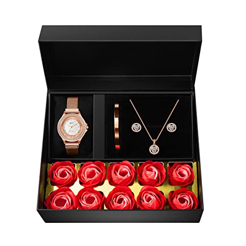 Watches Sets Gifts For Women, Rose Gold Watch Set Necklace Earring Bracelet 4 Pieces Jewelry Set For Mom Wife Girlfriend Anniversary Birthday Christmas Valentine's Day Gifts #TOP20