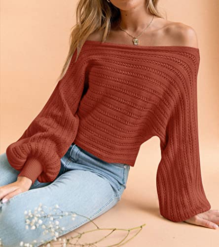 Zesica Women's Fall Casual Long Sleeve Crew Neck Cable Knit Loose Pullover Sweater Jumper Top,Rust,Small #TOP3