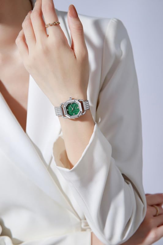 Image of Giordano Analog Quartz Watch for Women with Octagonal Textured Dial, Crystal Hours Markers, Blue Crown and Mesh Metal Strap