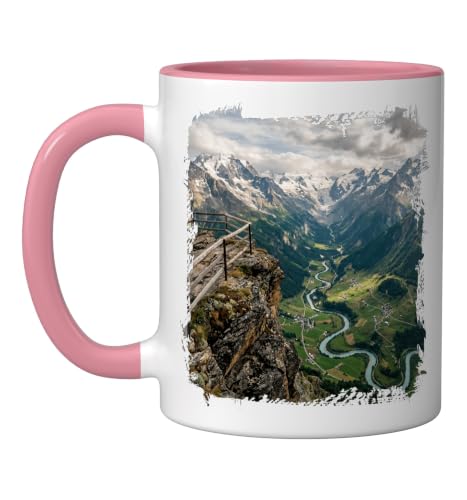 Alpine Valley River Bend Mountain Overlook Scenic Ceramic Mug, Pink/White