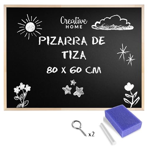 Creative Home 80 x 60 cm (+-3cm) XL Grande Pizarra Negra de Tiza Tablero | Marco de Madera Grueso | Esponja + Tiza + Kit de Colgar | Hecho en la UE | Perfecto para Oficina, Escuela y Hogar