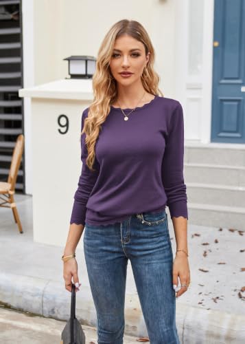 Image of GRACE KARIN Long Sleeve Fall Sweaters for Women Trendy Business Casual Tops | Fashion Clothes,Classic Pullover Shirt,Crew Neck,Scalloped,Lightweight,Soft Comfy,Fitted,Knit,Stretchy,Winter Layer Clothing