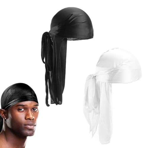 Long Tail Durag,Unisex Durag Headwraps,Gorro Bandanas Piratas,Bandana Pirata Durag Transpirable,Pañuelo de Seda Durag,Durag de Seda Gorro de Onda Elástico,Pañuelo de Cola Larga Unisex 2 Pcs Tokaneit