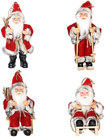 CHENGMON Christmas Santa Claus Ornaments Decorations Tree Hanging Figurines Collection Doll Pendant Small Traditional Holding Home Decors Set of 4 Pcs Assortment Pack 6" Inch (Red Black)