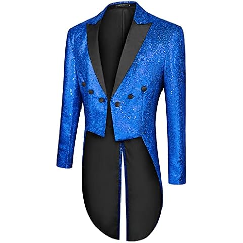 MAGE MALE Mens Sequin Tuxedo Jacket Tails Slim Fit Tailcoat Dress Coat Swallowtail Dinner Party Wedding Blazer Suit Jacket Blue Cover