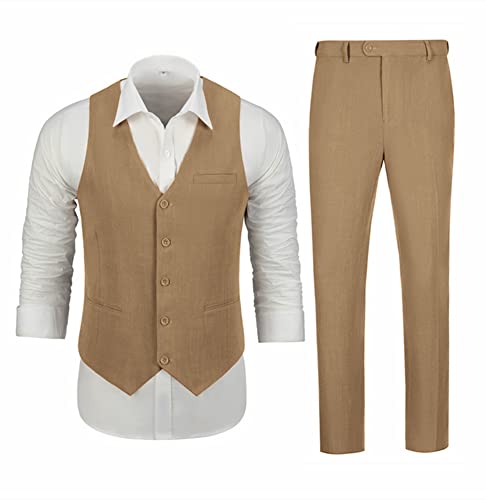 Casual Linen Men's 2 Piece Suits Wedding Suits Slim Fit Groomsmen Tuxedos Prom Waistcoat Linen Vest+Pant Khaki XXXL…3