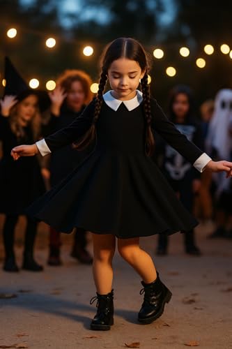 Vestido negro para niña manga larga clásico con cuello Peter Pan miniatura 4