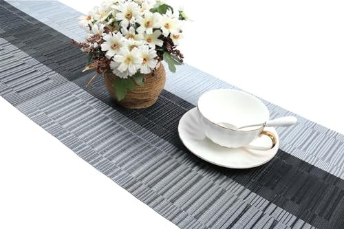 Image of SHACOS Woven Vinyl Table Runners PVC Table Runners 12 x 36 inch Wipe Clean Reversible Plastic Weave Tabletop Counter Decor Mats Indoor Outdoor, Ombre Black and Gray