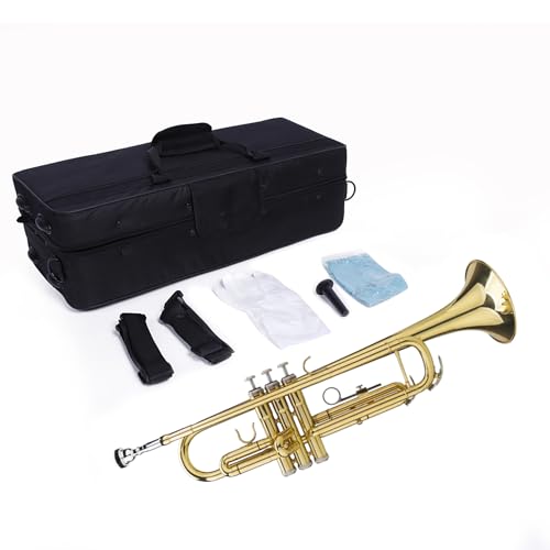 Standard Bb Trumpet Set for Beginners Drop B Tone Adjustable Trumpet Gloves Set Brass Trumpet Instrument with Carrying Case for Beginners or Advanced Students Golden