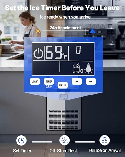 Image of VEVOR Commercial Ice Maker Machine with Pump, 100 lbs /24h with 26 lbs Storage Capacity, Built-in /Freestanding /Under Counter, Stainless Steel Ice Maker with LED Display & Self-Cleaning, for Home Bar