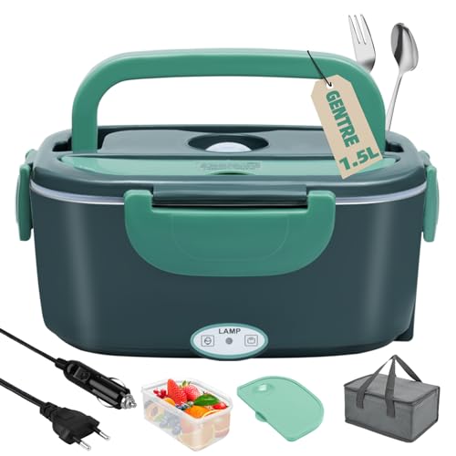 Fiambrera Electrica 4 en 1 12V/24V/220V~240V 1.5L 60W para Coche Camión y Trabajo Calentador de Comida Portatil con Termo en Acero Inoxidable con Tartera Bolsa Térmica y Juego de Cubiertos