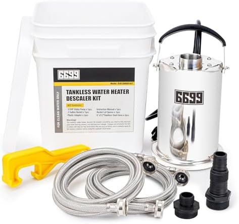 6699 Tankless Water Heater Flush Kit Includes 1/3HP Stainless Steel Sump Pump with Two Adapters & 3 Gallons Pail with Bucket Lid Opener & Two 1/2” Dia X 6’ Hoses with Washers