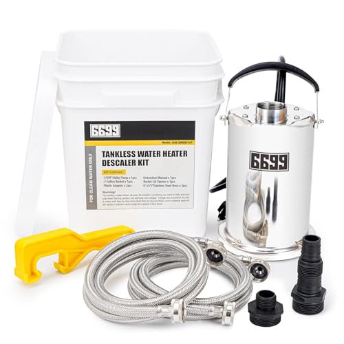 6699 Tankless Water Heater Flush Kit Includes 1/3HP Stainless Steel Sump Pump with Two Adapters & 3 Gallons Pail with Bucket Lid Opener & Two 1/2” Dia X 6’ Hoses with Washers