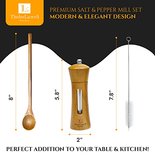 Thelmlawr5 Wood Salt And Pepper Grinder Set - (Pack Of 2) - Premium Wood Salt And Pepper Shakers - Incl. Wood Spoon, Wooden Tray & Cleaning Brush #TOP1