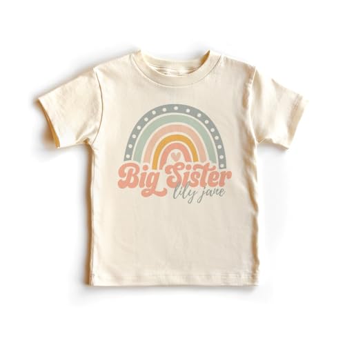 Personalized Boho Big Sister Shirt For Girls - Custom Kids Name Retro Rainbow Big Sis Sibling Reveal Outfit - Natural Toddler & Youth Tee2
