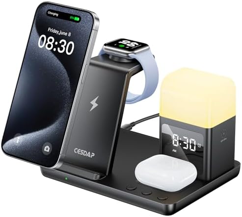 6 in 1 Wireless Charging Station for Nightstand, Alarm Clock Wireless Charger for iPhone 17/16 & Compatible with Samsung, Apple Watch/AirPods Pro Charging Stand, Adjustable Light, Organizer Gifts image 2