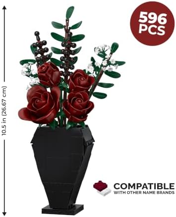 Brickcraft Bricktanicals Midnight Flower Bouquet Building Set, Gothic Blood Rose Halloween Arrangement with Coffin Vase, 596-Piece Building Block Flowers, Goth Home Decor Gift for Her, Girlfriend Wife - 5