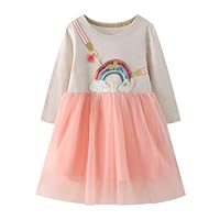 Vckrio Baby Girls Dresses Tulle Glitter Embroidery Cotton Long Sleeve Tutu Dress Pink Grey Rainbow Pattern Sequin Shirt Princess Dress Kid Sparkly Spring Winter Party Outfit for Toddlers Age 2-3 Years