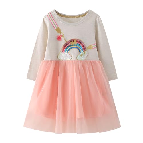 Vckrio Girls Dresses Long Sleeve Pink Grey Shirt Princess Tutu Dress Tulle Glitter Sequins Rainbow Pattern Kids Embroidered Cotton Dress Christmas Traveling Outdoor Patchwork Dress for Child 6-7 Years