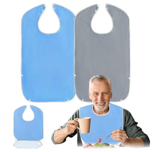 VEGCOO 2Pcs Baberos Adultos Impermeables, Baberos para Personas Mayores con Bandeja de Goteo 75x45 cm, Babero Adulto Reutilizable y Lavable para Personas Mayores y Discapacitados