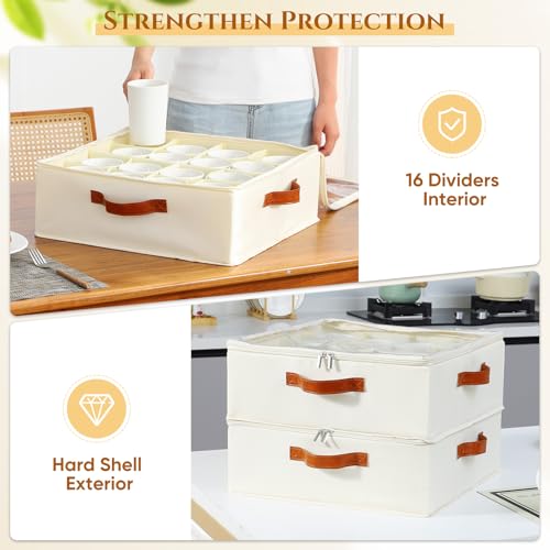 Foyego 2 Pack Coffee Mug Storage Box with Dividers, Stackable China Storage Containers with Lid, Zipper, and Handles for 32 Coffee Mugs and Cups, Mug Storage Organizer for Packing & Moving, Beige by Foyego - Image 6