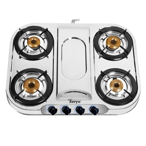 Image of GOLDEN SURYA Premium Stainless Steel | 4 Brass Burner | ISI Certified | 1 Year Warranty | Manual Ignition | PNG 4 Burner Gas Stove - Magma