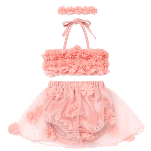 Newborn Baby Girl Swimsuit: Bikini Bathing Suits Flower Velvet Halter Summer Beach Hawaii Holiday Casual Solid Color Photo Shoot Outfit Tankini Set Princess Swimwear Pink 18-24 Months