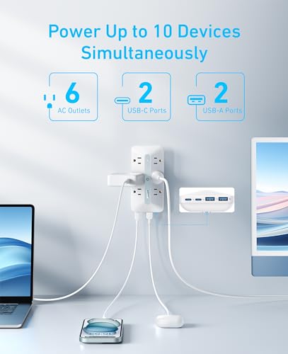 Anker Wall Charger, 300J Surge Protector, 10-in-1 Outlet Extender, 6 AC, 2 USB A, 2 USB C Ports, Wide-Spaced Outlets and 20W Fast Charging, Desk Charging Station, Home Office, Dorm, Room Essential image 3