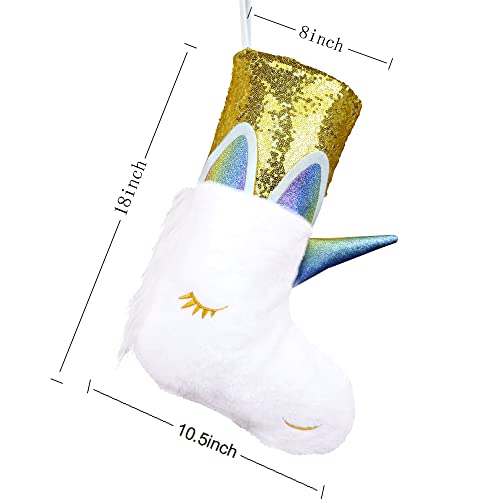 Hongsome Christmas Stockings For Kids Girls 18” Unicorn Plush Faux Fur With Glitter Sequins Decorative Hanging Stockings For Holiday Party Decor Pack Of 2(White&Gold) #TOP4