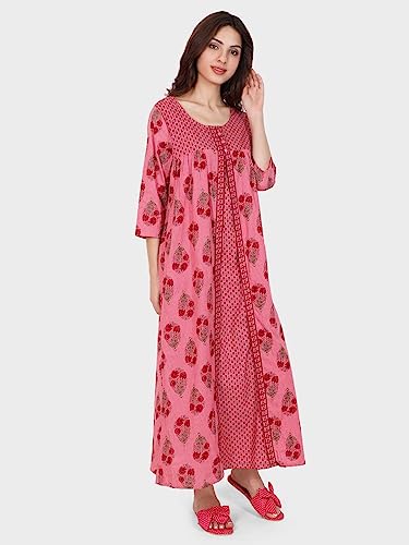 Image of Evolove Women's Cotton Long Maxi Night Gown Nighty Dress with Pocket & Stylish Button, Super Soft Comfortable (LNG-Button)