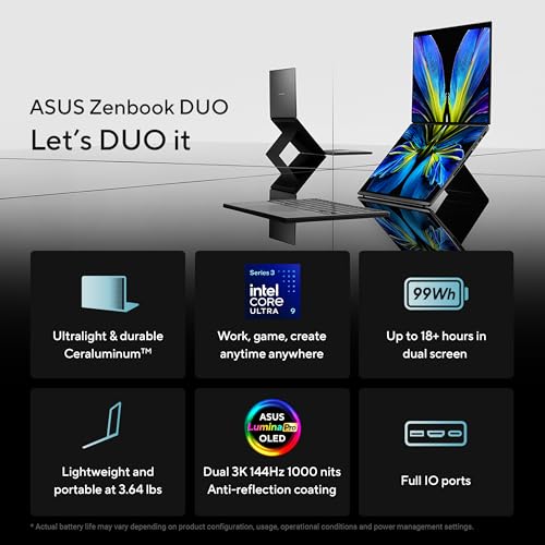 Image of ASUS Zenbook Duo Laptop (2026), Dual 14 inch OLED 3K 144Hz Touch Display, Intel Core Ultra 9 Processor 386H, Intel Graphics, 32GB RAM, 1TB SSD, Sleeve and Stylus Included, WiFi 7, Windows 11, Moher Gray