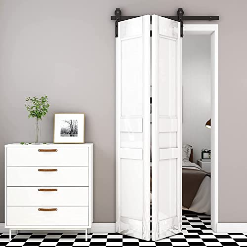 Bonikluba 36" Bi-Folding Sliding Barn Door Hardware Kit For 2 Doors,Smoothly&Quietly,Black Track J Shape Roller-[Doors Not Included] #TOP4