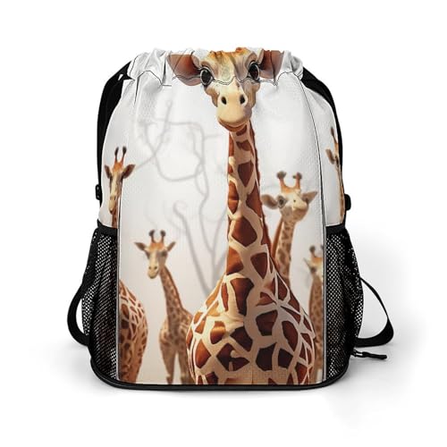 Waterproof Drawstring Gym Backpack with Shoe Compartment & Wet-Proof Pocket - Lightweight 28L Cartoon Giraffes Sports Backpack Travel Workout String Bag for Yoga Swim