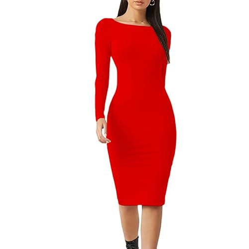 P&R DANCEWEAR LTD Women's Long Sleeve Bodycon Dress – Stylish Round Neck Dress for Summer, Casual, Evening, Party & Everyday Wear (Red, M-L)
