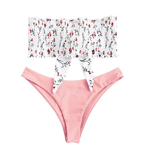 ZAFUL Women's Floral Print Smocked Bikini Set Back Knot Bandeau Strapless Shirred Swimwear Light Pink M