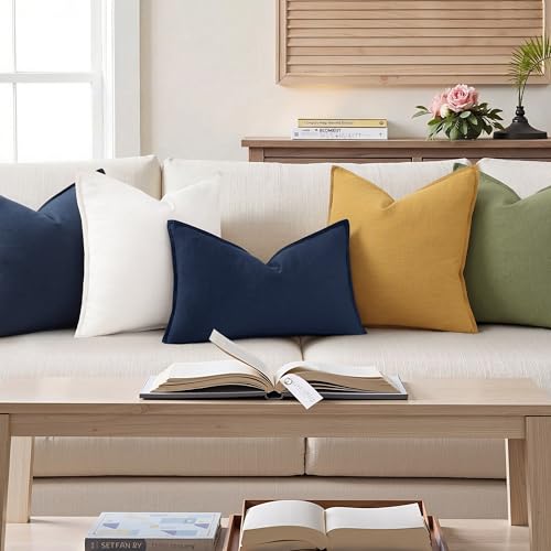 Image of decorUhome Decorative Linen Throw Pillow Covers 12x20 Inch Set of 2 Navy Blue Lumbar Coastal Pillow Covers with Flange Edges Soft Farmhouse Boho Accent Pillow Cases for Couch Bed