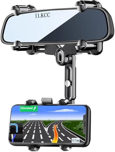 Rearview Mirror Phone Holder for Car, 360° Rotating and Retractable Multifunctional Rear View Phone Mount, Upgraded Four Corners Fixed Anti-Shake Fit All Smartphones & Bigger Vehicle