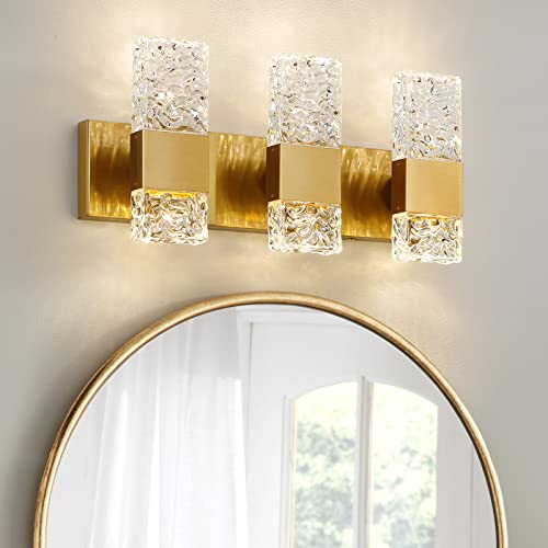 Image of Epinl Gold Bathroom Vanity Light Fixtures Bathroom Light Fixtures Over Mirror 3-Light 4000K LED Crystal Wall Sconces Modern 30W Brushed Hardwired Wall Lights for Bathroom Bedroom Living Room