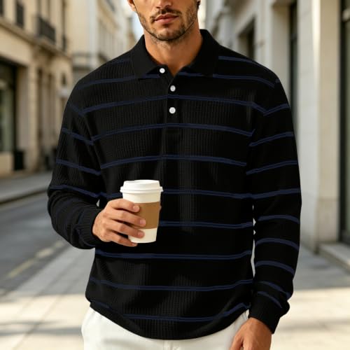 Rugby Polo Men Collared Henley Button Long Sleeve Waffle Shirt Men | Striped, Waffle Knit, Soft, Smart‑Casual, Drop Shoulder, Relaxed Fit, Old Money Clothes Men, Skin‑Friendly, Fall Winter - image 2