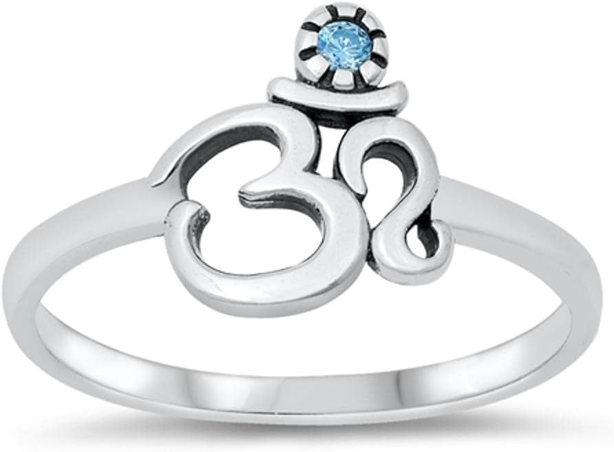 Elegant Ohm Meditate Ring Om Blue Simulated Topaz .925 Sterling Silver Band Sizes 3-10