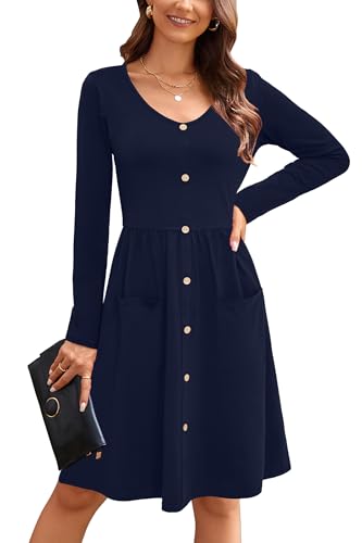 OUGES Womens Fall Long Sleeve Midi Dresses Button Down V
