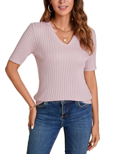 Image of Women Summer Knit Shirt Blouse V Neck Short Sleeve Pullover Sweater Tops