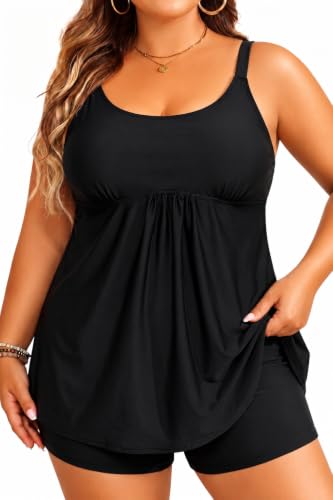 Holipick Black Plus Size Bathing Suits Two Piece Tankini Swimsuits for Women Flowy Swim Top with Boy Shorts
