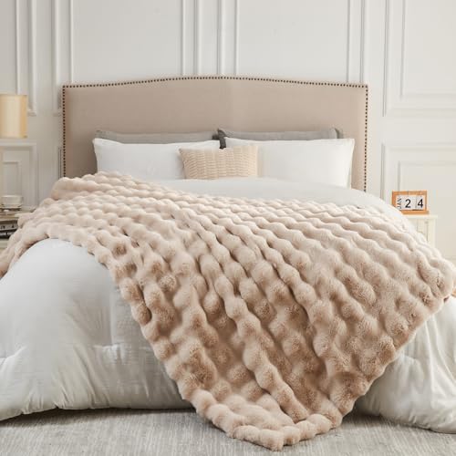 NEWCOSPLAY Faux Fur Thick Bubble Twin Blanket for Couch, Linen, 60"x80"